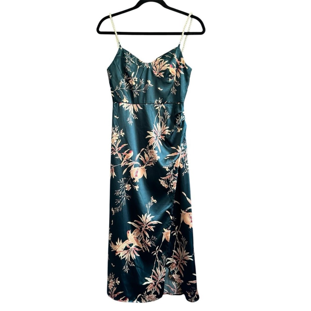 Rihoas Green Floral Midi Dress Women's Size XS NWT‎ Pearl Straps Glam Going Out
